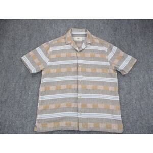 Folk Shirt Mens Small Tan Blue Striped Linen Cotton Short Sleeve Camp Collar
